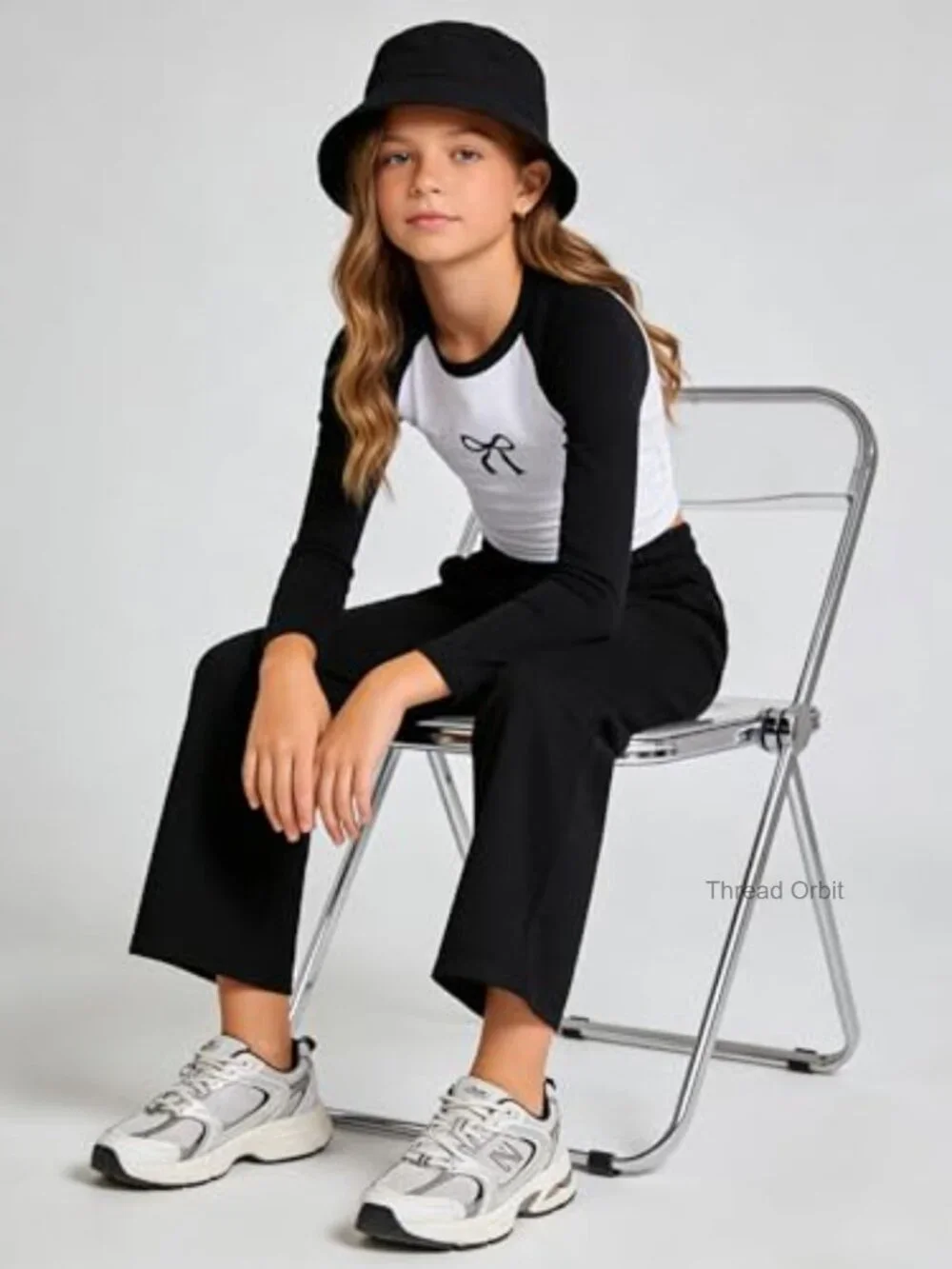 Girls Color Block Bow Print Top & Wide Leg Sweatpants 2 Piece Outfit Set